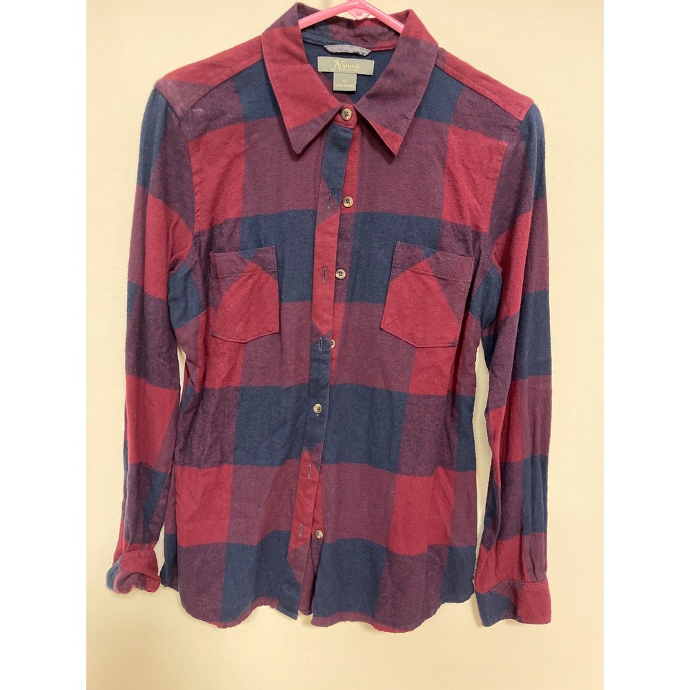 Natural Reflections Womens Medium Buffalo Plaid Flannel Shirt Burgundy Navy Blue